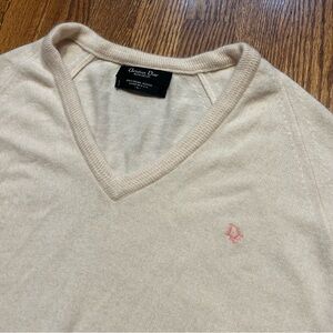 Vintage 80s Christian Dior V-Neck Sweater Men’s Large White Pink Acrylic